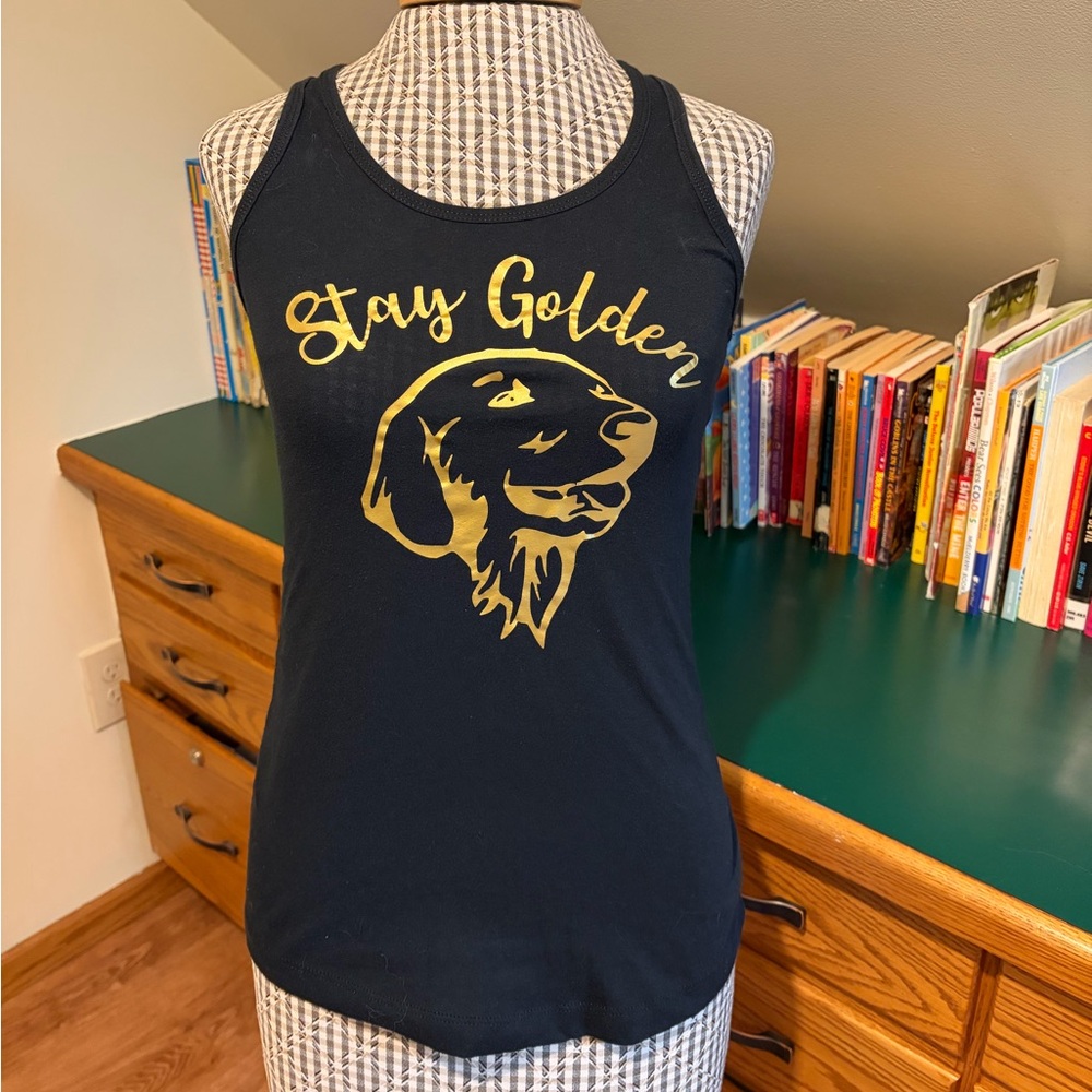 Women’s Black Gold Racer Back Graphic Tank Top XS Golden Retriever Dog Lover